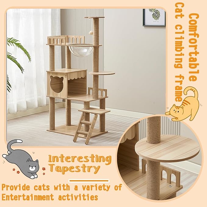54-Inch Cat Tower,Multi-Level Pure Wood-Modern Cat Tree Tower with Condo, Cat Stairs, Bowl,9 Sisal Scratching Posts, Top Perch, Toy Balls,Cat Tree for Indoor Cats Large Adult (KT-1022)