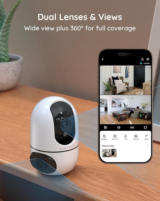 virtavo XD1 Indoor Security WiFi Camera, No Subscription Required, Dual-Lens 360° PTZ Baby Monitor & Pet Cam, Motion Tracking, 2-Way Audio, Night Vision, Cloud/SD Storage, Plug-in Power 2PACK
