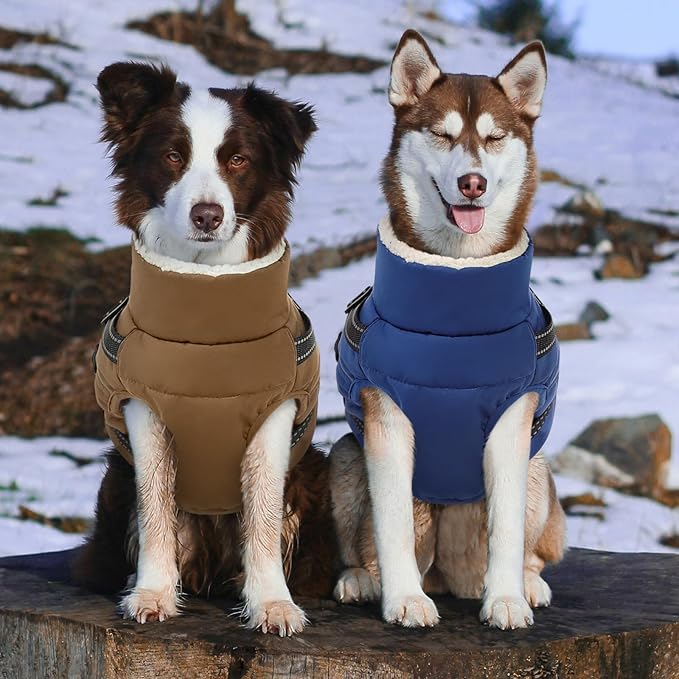 Dog Winter Coat with Harness Built in Warm Puffer Dog Jackets for Small Medium Large Dogs Windproof Waterproof Outfit with Plush Lining and Reflective Stripes (Brown, XS)