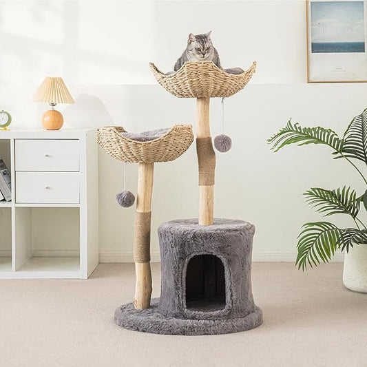 Modern Cat Tree for Indoor Cats Large Adult, 46.5" Tall Wooden Cat Tower for Large Cats with Scratching Post, Luxury Cat Condo, Grey