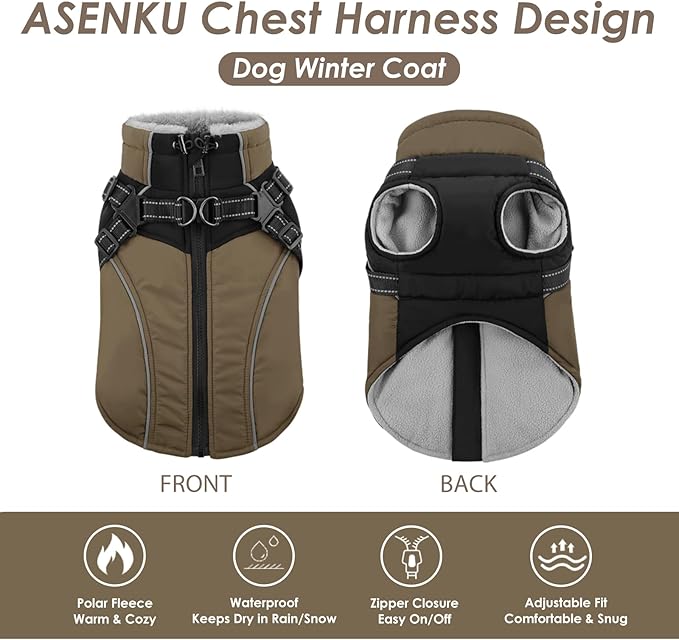ASENKU Reflective Dog Coat with Built-in Harness, Windproof Fleece-Lined Dog Jacket for Small, Medium, Large Dogs, Warm Winter Vest with Turtleneck & Zipper (Khaki XL)