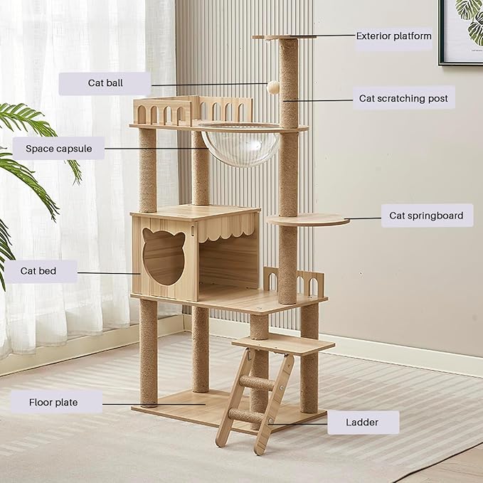 54-Inch Cat Tower,Multi-Level Pure Wood-Modern Cat Tree Tower with Condo, Cat Stairs, Bowl,9 Sisal Scratching Posts, Top Perch, Toy Balls,Cat Tree for Indoor Cats Large Adult (KT-1022)
