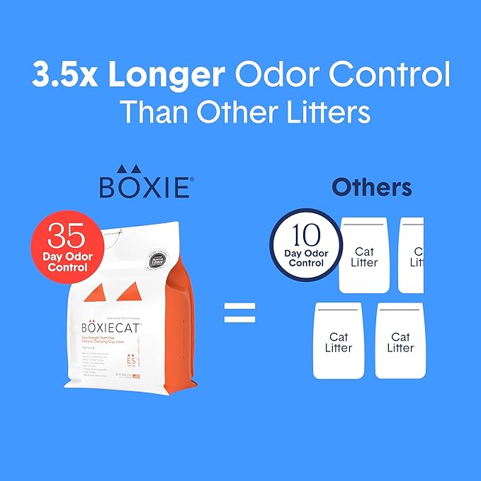 Boxie® Extra Strength 35 Day Odor Control Clumping Clay Cat & Kitty Litter 28lb, 99.9% Dust-Free, Probiotic Formula, Long-Lasting, Veterinarian Approved, Easy Scooping for Multi-Cat Homes