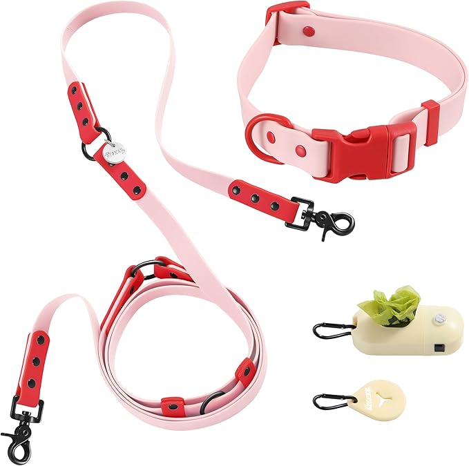 WLK1006G-5SET Luna Large 8FT Adjustable 6-in-1 Waterproof Hands-Free Leash and Collar with LED Flashlight, Bag Dispenser, and Poop Bag Holder, Paloma