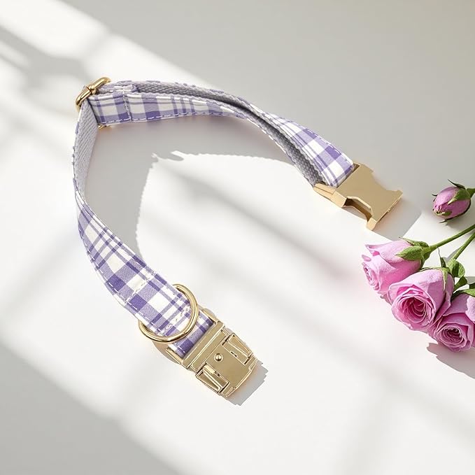 PETDURO Personalized Dog Collar Lavender Plaid for Large Medium Dogs | Engraved Name and Phone Number on Gold Metal Buckle for Girls | Add Leash & Bow Tie via Customize Now