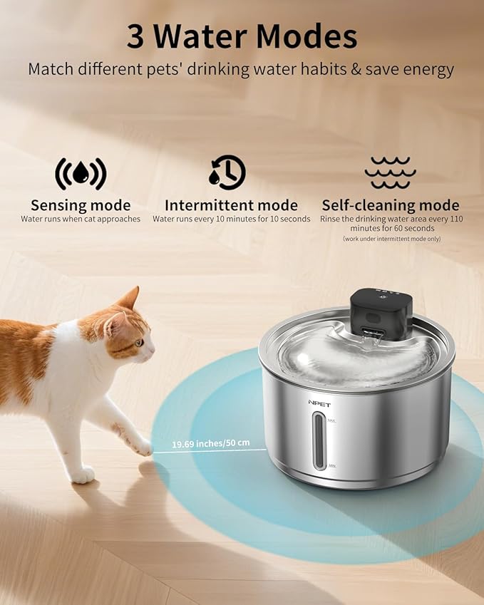 NPET Stainless Steel Wireless Cat Fountain, 1Gallon/135oz Battery Operated Automatic Pet Drinking Fountain - Cordless Dog Water Dispenser with Water Level Window for Cats Indoor