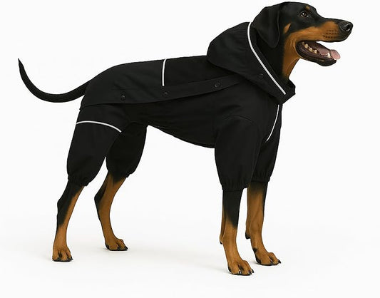 LOVELONGLONG Waterproof Dog Raincoat with Removable Hood – Outdoor Full Body Dog Jacket, Windproof Snowproof Shell Suit – All Season Pet Rain Gear Black 4XL
