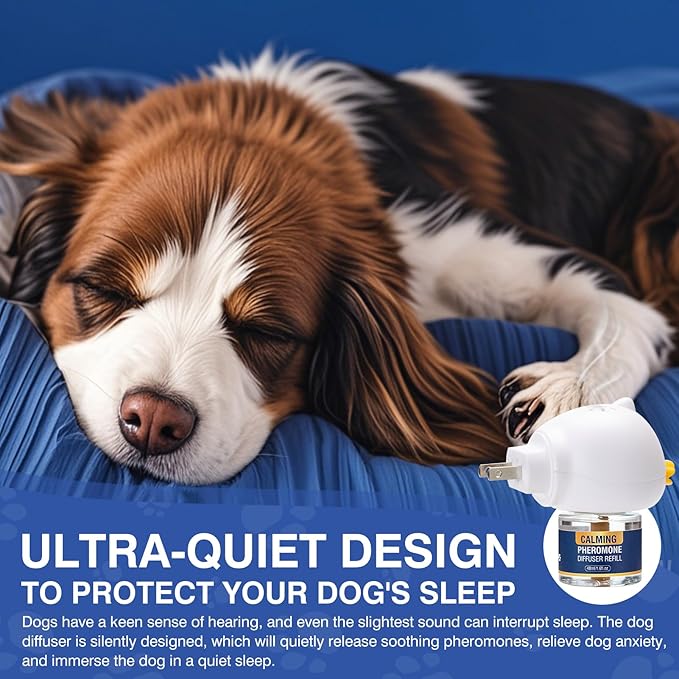 Dog Pheromone Calming Diffuser 4 In 1 Appeasing Pet Pheromones Diffuser to Calm Kit (Plug in+ 3 Pack 48ml Refill) for Anxiety Relief Reduce Barking Aggression Fighting Stress 90 Day Supply(Tasteless)
