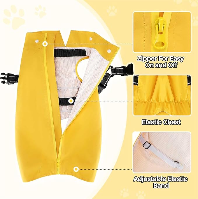 SlowTon Dog Raincoat Waterproof - Dog Rain Jacket with Harness and Hood Lightweight, Reflective Dogs Rain Coat for Large Medium Small Dogs Girl Boy Puppy Poncho Pet Clothes (Yellow, S)