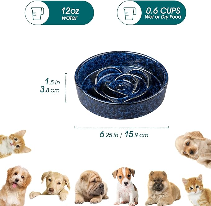 vancasso Slow Feeder Dog Bowl, 0.6 Cups Ceramic Dog Food Dish for Fast Eaters Small Breed, Puzzle Bowl for Small Dogs and Cats, Blue