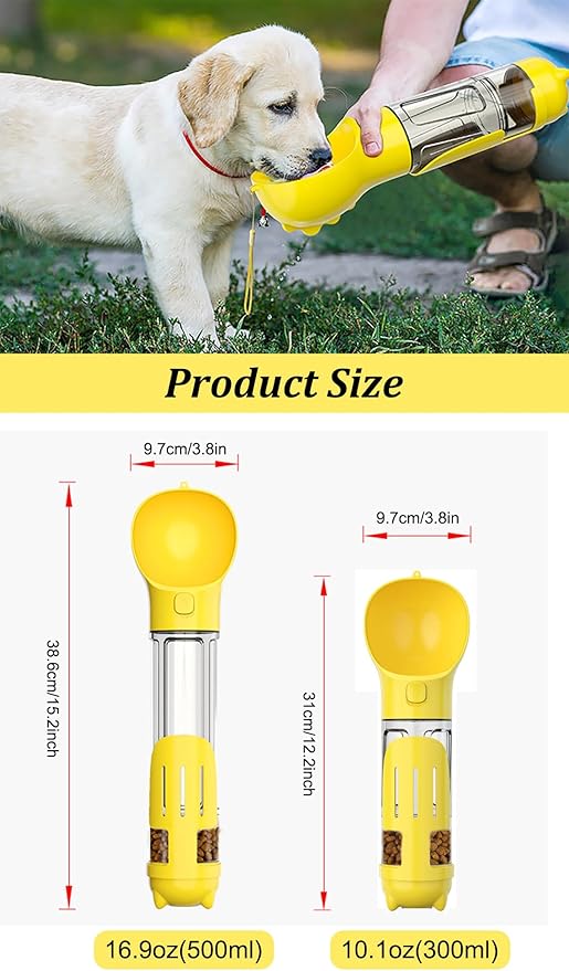 16.9oz Portable Pet Water Bottle Food Container,Travel Drink Feeder Cup Food Dispenser with Poop Shovel 17Pcs Waste Bag,for Dog Pets Walking Hiking (Yellow, 10.1oz(300ml))
