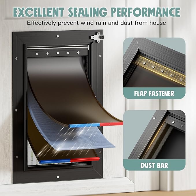 Extra Large Dog Door for Door All Aluminum 3 Flaps Black, Heavy Duty XL Dog Door for Dogs, Large Pet Door, with Insulation Flap and Lockable Closing Panel, Durable Rust Resistant, for Pet Up to 220lbs