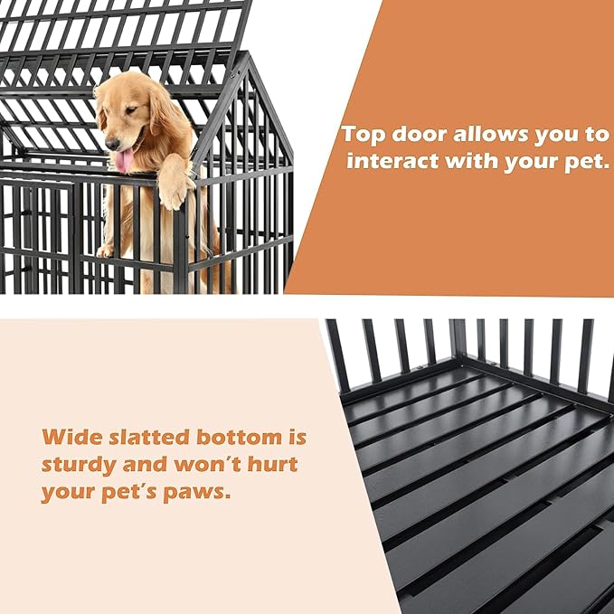 52/48/44 Inch Heavy Duty Dog Crate Indestructible and Escape-Proof Dog Cage Kennel for Large Medium Dogs Extra Large XL XXL with Lockable Wheels Removable Tray Double Door Black