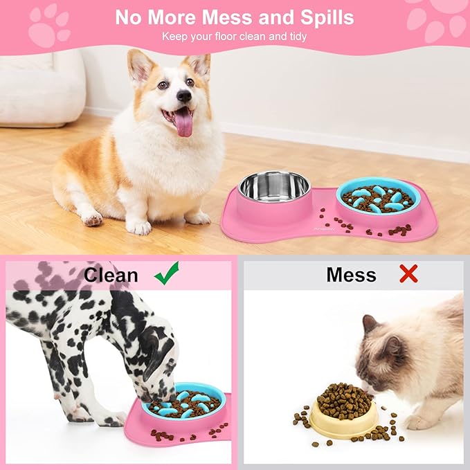 Slow Feeder Dog Bowls 3 in 1 Stainless Steel Dog Food and Water Bowls with Non-Spill Non-Skid Silicone Mat to Slow Down Eating for Large Medium Small Breed Size Dogs and Cats