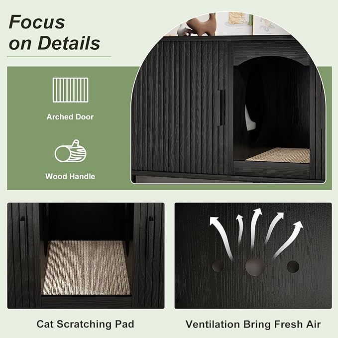 Double Cat Litter Box Enclosure Furniture, 59" Large Hidden Litter Box Furniture with Scratching Pad, Wood Pet House for 2 Cats, Indoor Modern Cabinet TV Stand for Living Room, Black