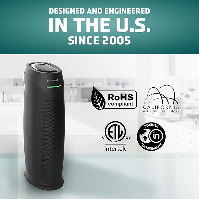 GermGuardian HEPA Air Purifier for Home, Large Rooms Up To 743 Sq. Ft. with HEPA PURE Air Filter, Air Quality Monitor & UV-C Light, AC4880B, 22" Tower, Black