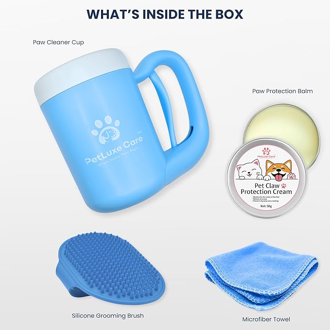 Dog Paw Washer Kit - Includes Paw Cleaner Cup, Towel, Pet Bath Brush & Moisturizing Balm - Dog Foot Washer for Muddy Paws, ideal for Small & Medium Dogs (Blue, Medium)