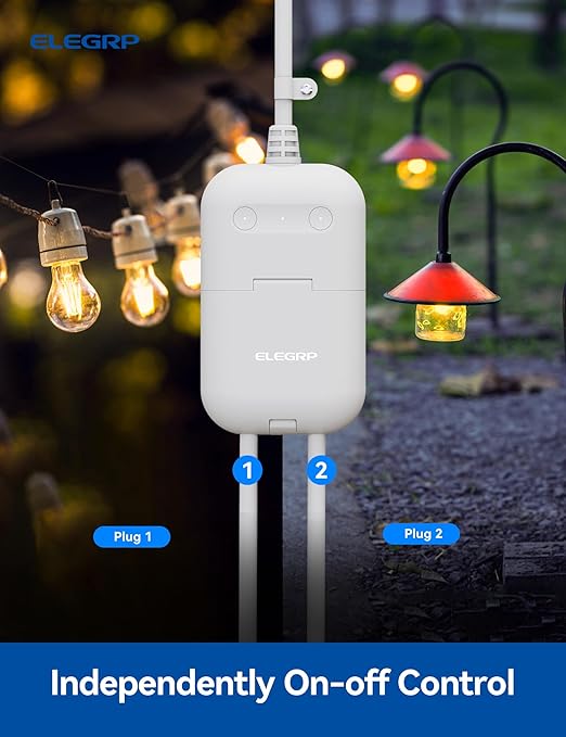 ELEGRP PQR20 Outdoor Smart Plug Waterproof IP66, WiFi Plug with 2 Individually Sockets, Compatible with Alexa & Google Assistant, Smart Outdoor Outlet for String Lights, UL Certified, 1 Pack, Grey