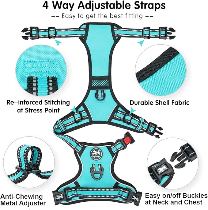 PoyPet No Pull Dog Harness, [Release on Neck] Reflective Adjustable No Choke Pet Vest with Front & Back 2 Leash Attachments(Mint Blue,L)