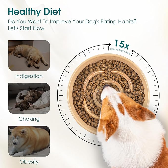 vancasso Slow Feeder Dog Bowl, 1.5 Cups Ceramic Slow Feeder for Medium Breed, Puzzle Maze Dog Food Bowl for Fast Eater, Khaki