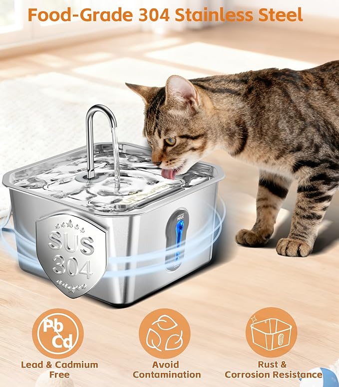 4L/135oz Large Cat Water Fountain Stainless Steel with 3 Filters Pet Water Fountain for Cats Quiet Indoor Pets Dog Small Animal Automatic Dog Water Dispenser for Drinking Watering Supplies