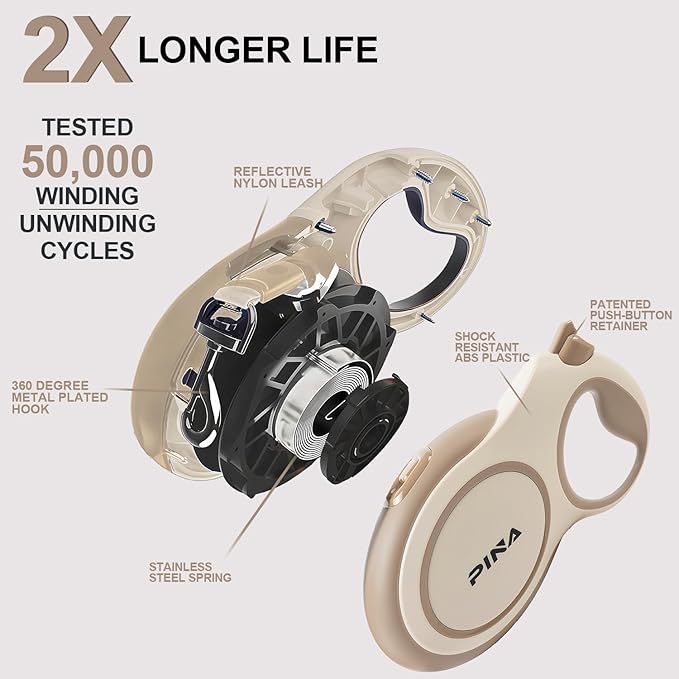 PINA Upgraded Retractable Dog Leash, 26 ft Dog Leash for Small Medium Large Dogs Up to 110lbs, Heavy Duty Reflective Nylon Tape 360° Tangle-Free, with Anti-Slip Handle, One-Handed Brake, Pause, Lock