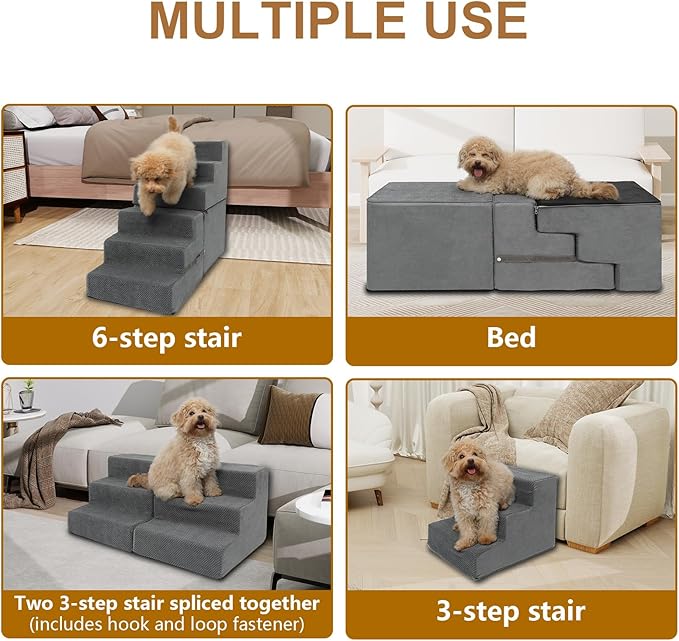 Dog Stairs for Small Dogs, 6-Step Dog Steps for High Bed, High-Density Foam Pet Stairs with Non-Slip Removable Washable Cover to Get on Bed