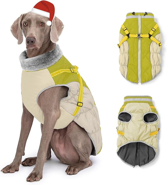 Dog Winter Coat with Harness, Dog Jacket, Pet Clothes with Zipper on Back, Waterproof Windproof Warm Vest, Reflective Cold Weather Coats, for Small Medium Large Dogs, Thick, Green, XL