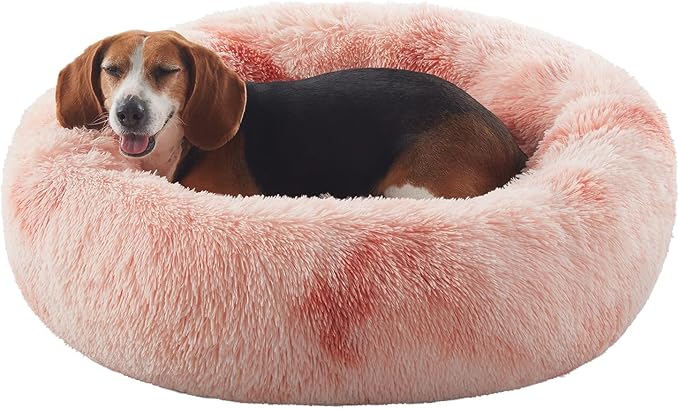 33 inches Donut Dog Bed for Medium Large Dogs,Calming Fluffy Round Pet Bed with Removable & Washable Cover,Fits up to 65 lbs Pets(Tie-dye Pink,M Plus)
