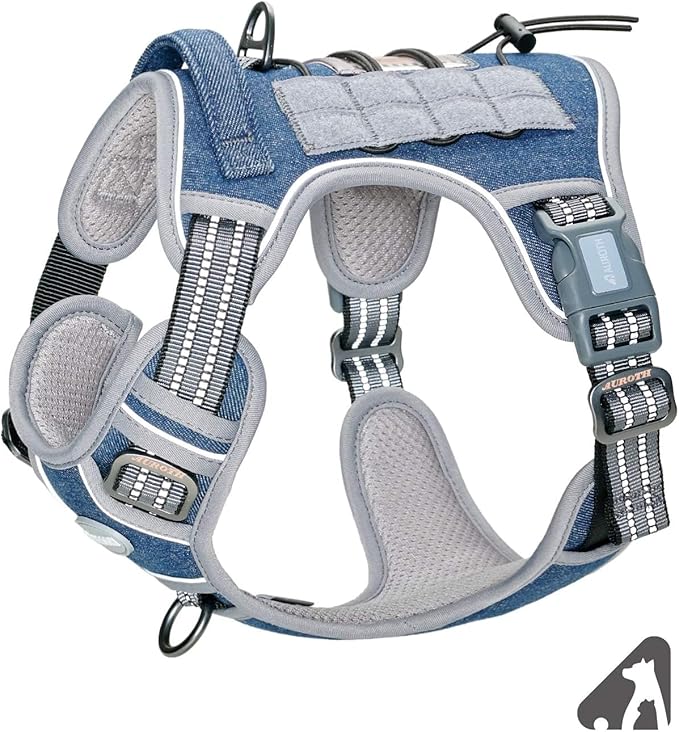 AUROTH Tactical Dog Harness for Small Medium Dogs No Pull Adjustable Pet Harness Reflective K9 Working Training Easy Control Pet Vest Military Service Dog Harnesses Denim Blue S