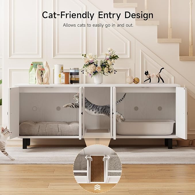 ONBRILL 63 Inches Cat Litter Box Enclosure for 2 Cats, Hidden Litter Boxes Furniture with Cat Scratch Pad, Large Indoor Pet House with Double Room, Wooden TV Stand Side Table, Off White