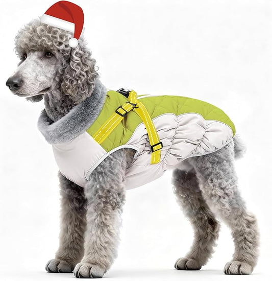 Dog Winter Coat with Harness, Dog Jacket, Pet Clothes with Zipper on Back, Waterproof Windproof Warm Vest, Reflective Cold Weather Coats, for Small Medium Large Dogs, Thick, Green, M
