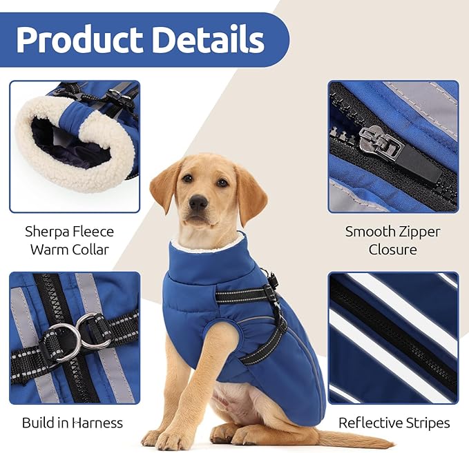 Dog Winter Coat with Harness Built in Warm Puffer Dog Jackets for Small Medium Large Dogs Windproof Waterproof Outfit with Plush Lining and Reflective Stripes (Blue, 3XL)