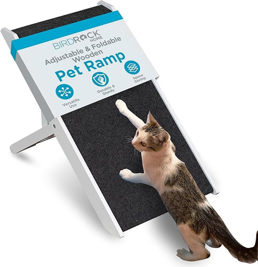 BIRDROCK HOME Adjustable Pet Ramp for Small Dogs, Cats, Puppies - Foldable Wooden Dog Ramp for Couch, Bed, Car - Indoor or Outdoor- Safe, Portable, Non-Slip Carpet - 13", White