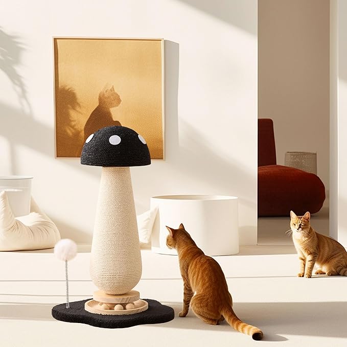 Mushroom Cat Scratching Post Cat Tree, 21.5‘’ H Cute Cat Scratcher Tower with Durable Solid Wood Turntable Toy, Solid Black Mushroom Scratch Post Cat Sisal Scratcher with Catnip for Indoor Cats