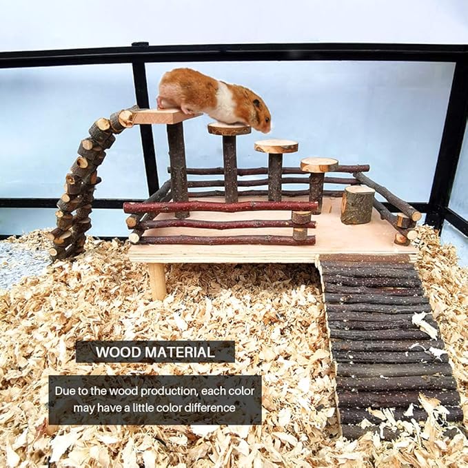 HOSUKKO Hamster Climbing Toys - Wooden Activity Set with Large Bridge, Apple Wood Chewing Toys for Small Pets