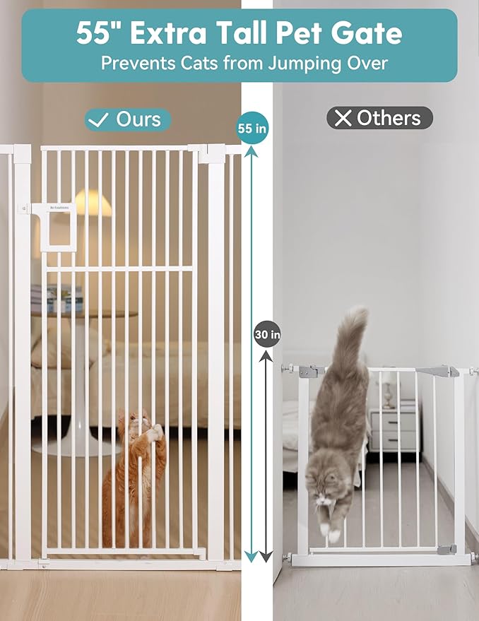 No Pawblems Upgraded 55" Extra Tall Pet Gate for Cat, 29-43" Auto Close Cat Gate for Doorways/Stairs/Hallways, NO Drilling Pressure Mounted Tall Dog Gate Indoor, 1.37" Pet-Safe Gap, White