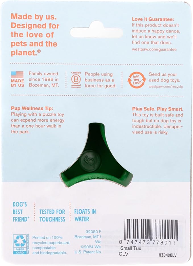 WEST PAW Tux Durable Dog Chew Toy and Treat Dispenser for Strong Chewers and Short Snouted Dog- Tough Interactive Design for Enrichment Training and Play - Made in USA Dishwasher Safe - Clover Green
