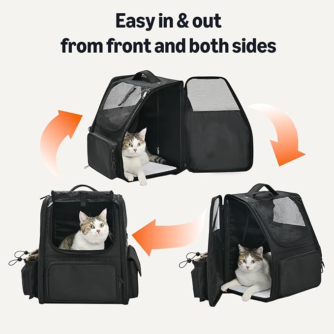 Amazon Basics Pet Backpack for Cats & Small Dogs, Collapsible Travel Carrier with Ventilated Mesh, Removable Pad, and Safety Leash, Black
