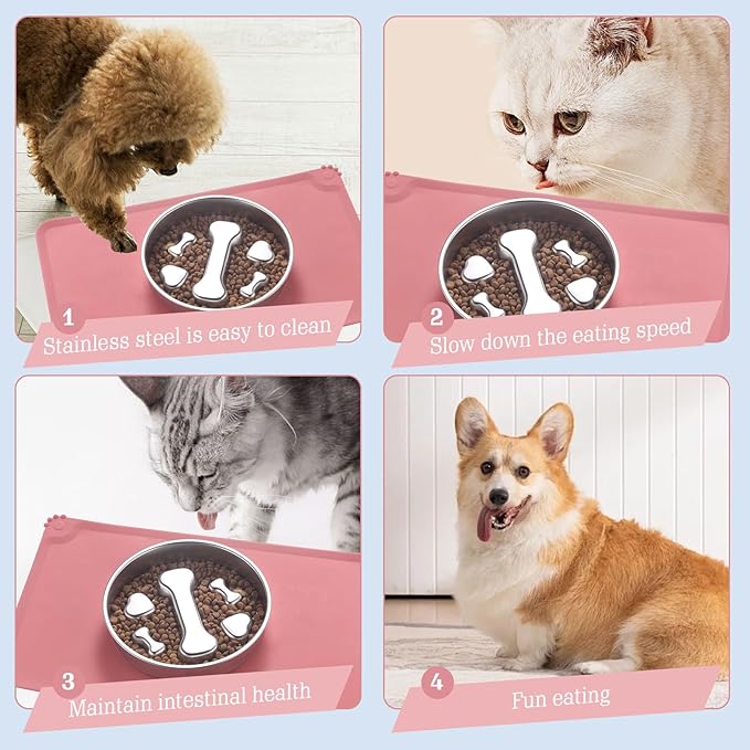 Stainless Steel Slow Feeder Dog Bowls – Non-Slip Metal Dog Bowl for Large & Medium Breeds, Puppy Puzzle Feeder – 2 Cup Capacity for Small to Big Pets – Durable Slow Feed Dog & Cat Food Dish with Mat