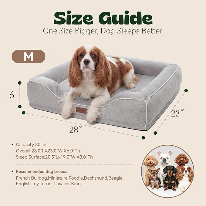 Orthopedic Dog Beds for Medium Small Dogs with Removable Washable Cover Rectangle Pet Sofa with Cooling Gel Memory Foam Anti-Slip Bottom Waterproof for Old Pets or Cat,28" L x 23" W x 6.5" Th