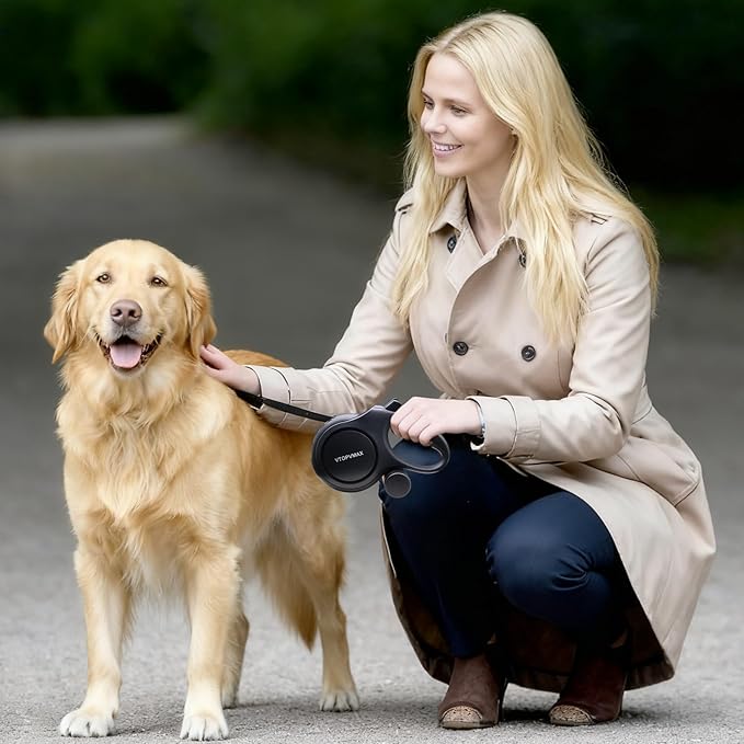 26Ft Retractable Dog Leash for Medium/Large Dogs up to 110lbs, Strong Heavy Duty Retractable Leash with Chew-Proof Cable, 360 Tangle Free, One Hand Brake Lock & Poo Bag Holder (Black)