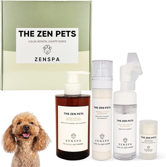 ZenSpa 4-in-1 Natural Pet Care Kit, Hypoallergenic Dog Shampoo, Leave-in Conditioner, Rinse-Free Paw Cleanser, Nose and Paw Balm, Gentle Spa Routine for Sensitive Skin