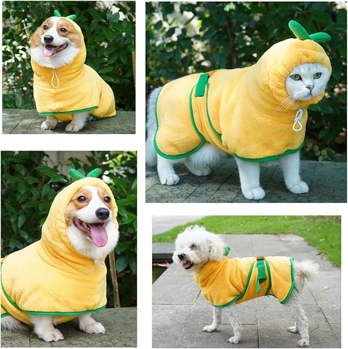 Pet Bathrobe for Dog Cat Absorbently Quick Drying Coat Cute Dogs Bath Towel Hooded Robe Adjustable Collar & Belly Strap for Pool Beach (Yellow, Large)