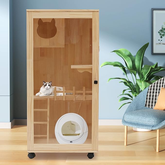 Large Wooden Cat House, Luxury Multi-Feature Cat Condo with Cat Scratching Posts, Oversized Indoor Villa Enclosed Design with Wheels and Ventilation Doors