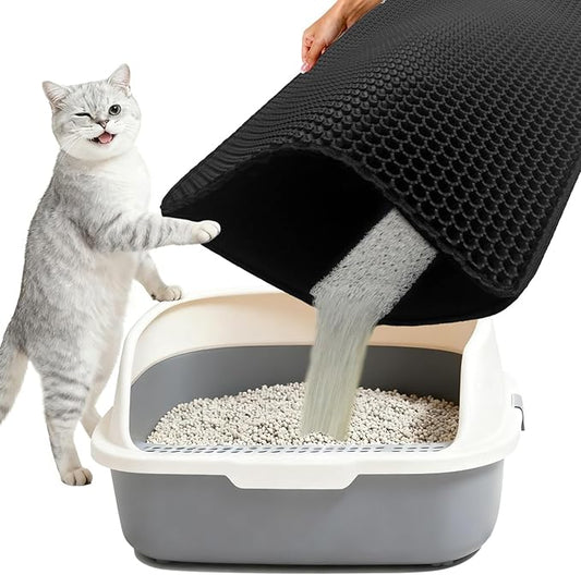 Extra Large Cat Litter Mat Double Layer Trapping Mat Easy-Clean Waterproof Urine Proof(Black 47x28in)