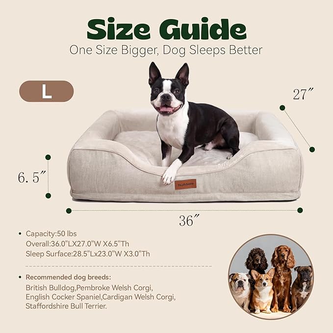 Cooling Dog Beds for Large Dogs with Removable Faux Fur Washable Covers,Waterproof Orthopedic Pet Couch Bed with Cool Gel Memory Foam and Bolster Side for Senior Pets,36" x 27" x 6.5" Beige