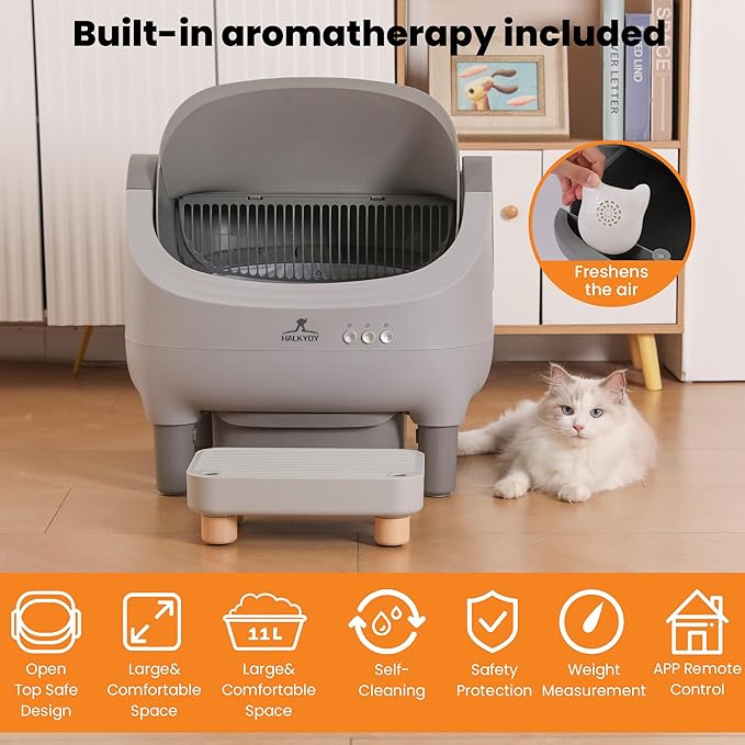 Upgraded Automatic Litter Box Self Cleaning, with Raised Step, Odor Control & Safety Protection & Smart App Control Health Monitoring & Quiet Operation, Open Top Large Capacity for Multiple Cats