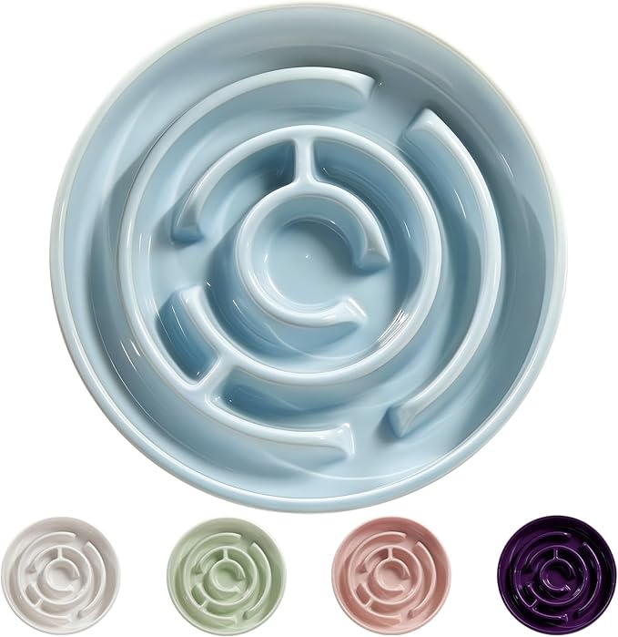 Ceramic Slow Feeder Dog Bowl,1.5 Cups Pet Slow Feeder for Small and Medium Breed,Puzzle Dog Food Dish,Anti-Gulping,Stop Bloat,Preventing Choking(Blue)