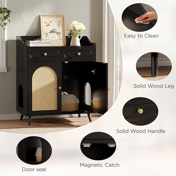 Cat Litter Box Enclosure Furniture, Wooden Hidden Litter Box Furniture with Double Rattan Scratching Board Doors, 2 Drawers, Litter Box Cabinet, Cat Cabinet, Black
